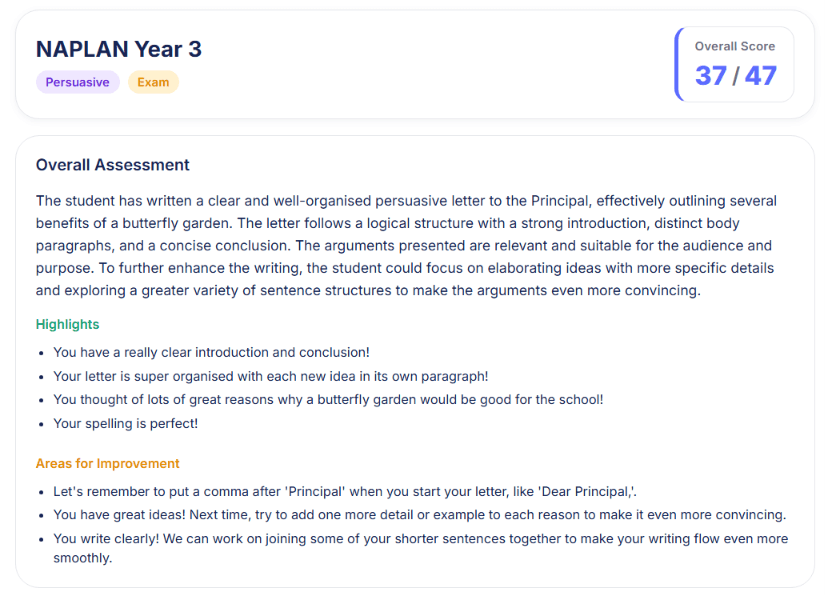 Detailed feedback summary showing a NAPLAN Year 3 score and overall assessment.