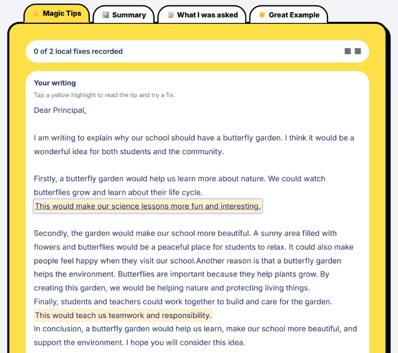 Revision view with highlighted writing tips and local fixes to improve a draft.