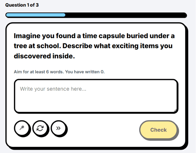 Sentence writing practice screen with a short prompt and a simple writing box.