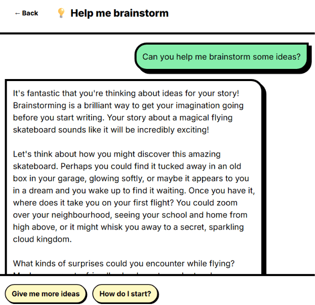 Writing coach response that helps a child brainstorm ideas without writing the whole piece.