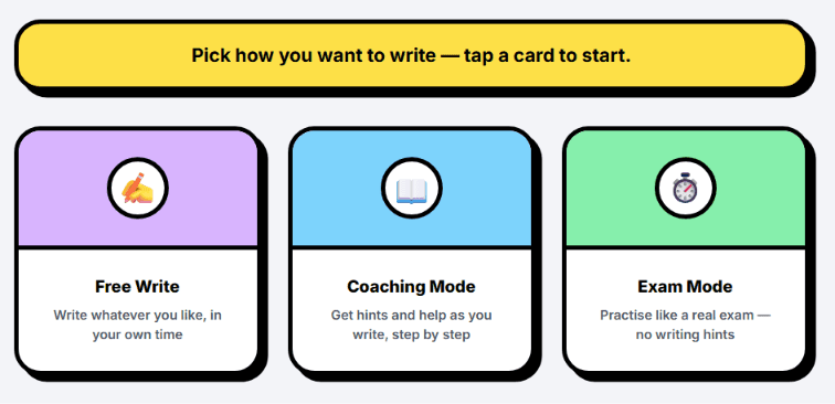 Writing mode picker with Free Write, Coaching Mode and Exam Mode cards.